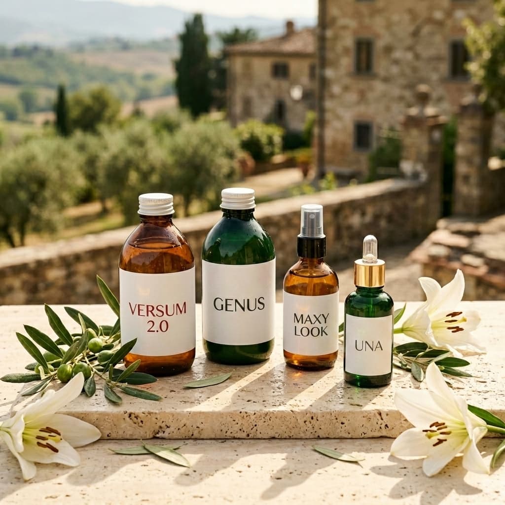 Premium Italian hair care products displayed on travertine stone with lilies and olive branches